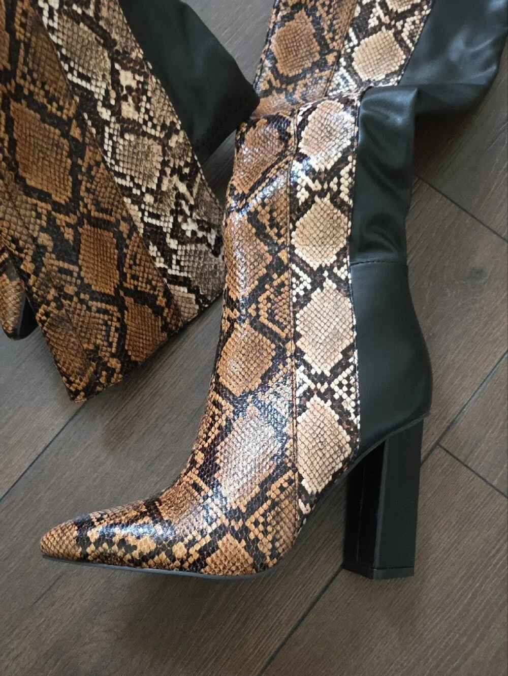 Akira Over-the-Knee Snake‎ Print and Black Block Heel Boots NWT